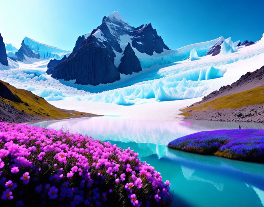 Scenic landscape with purple flowers, blue lake, and snow-capped mountains