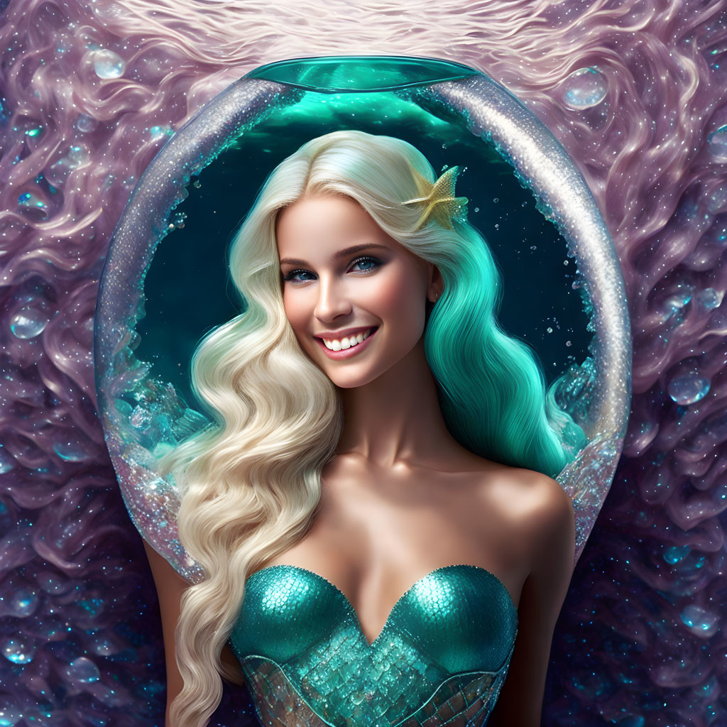 Smiling woman with starfish accessory styled as mermaid in cosmic bubble