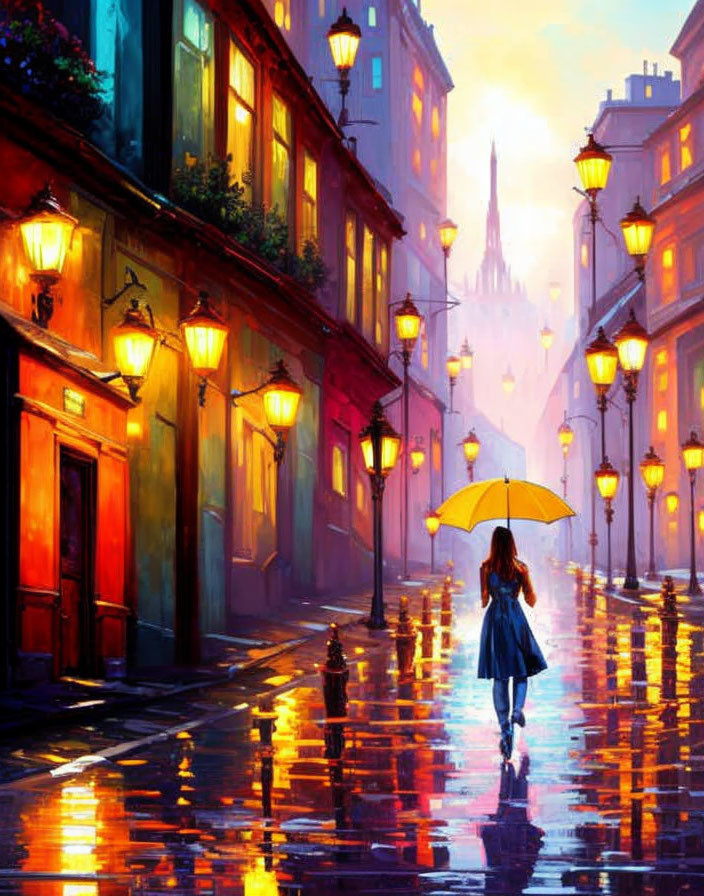 Person with Yellow Umbrella Walking in Rainy Street with Vibrant Colors