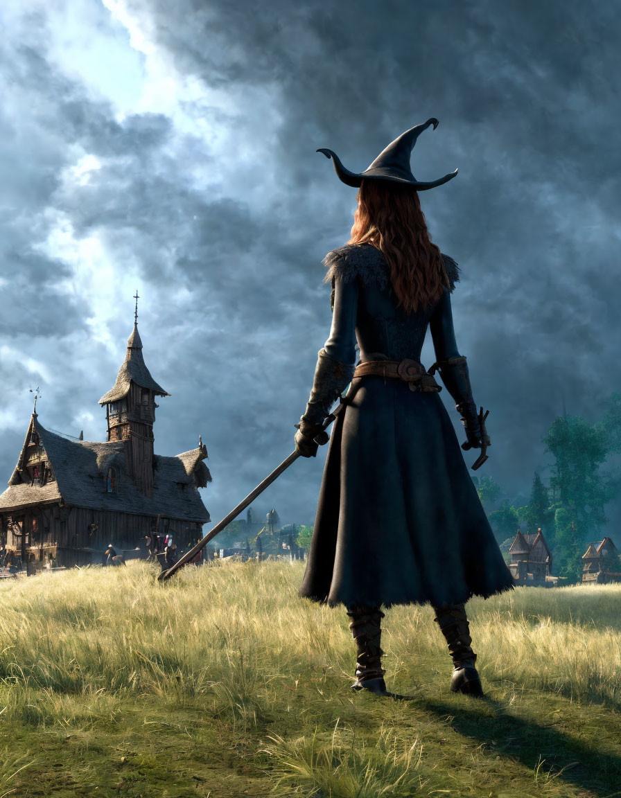 Red-haired female fantasy character in witch's hat with staff in medieval village.