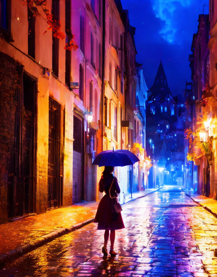 Person with umbrella on wet cobblestone street at night under neon lights