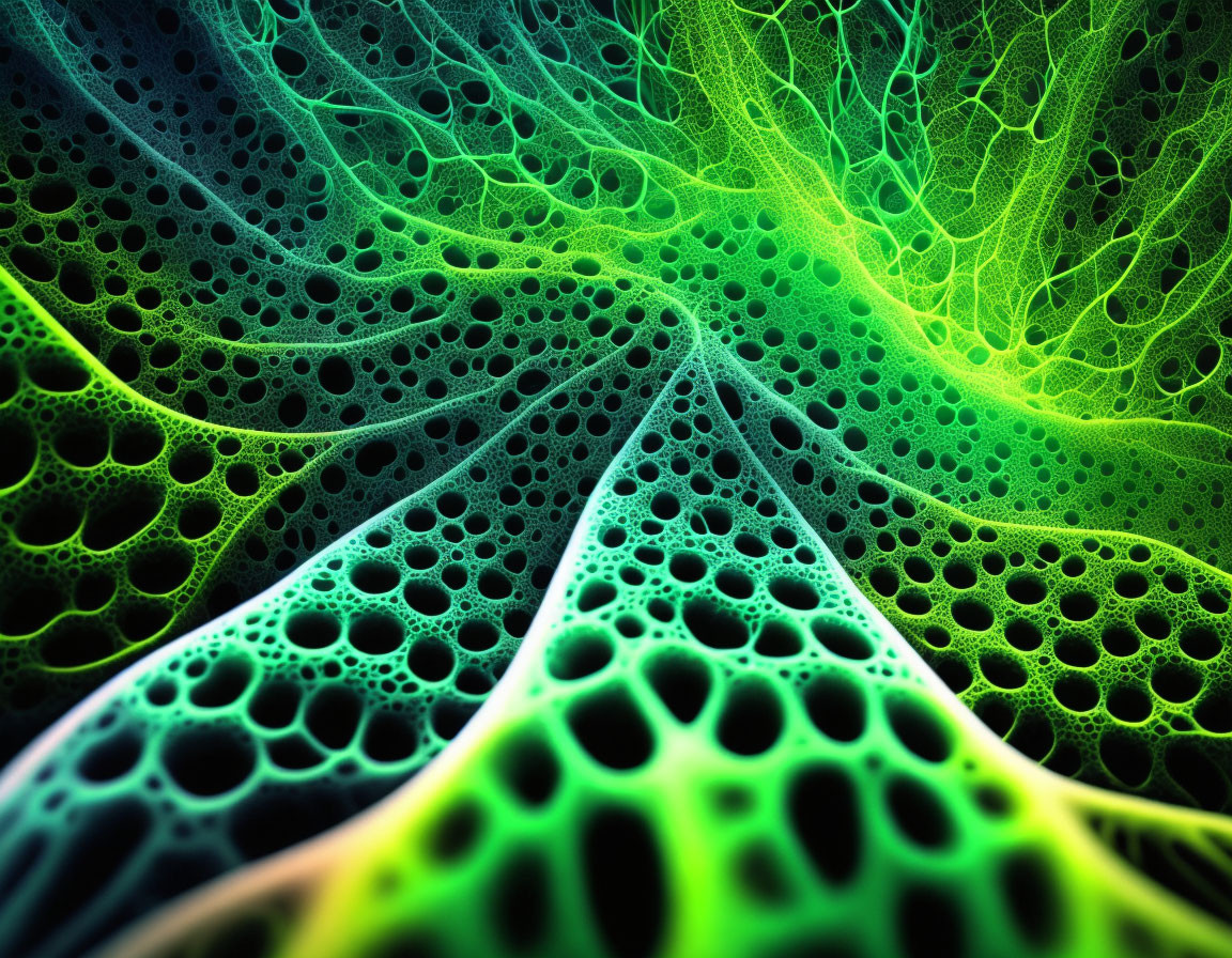 Neon green and blue fractal pattern with web-like structures