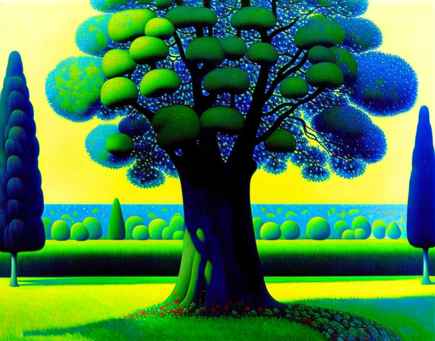 Colorful painting of oversized fruit tree in surreal landscape