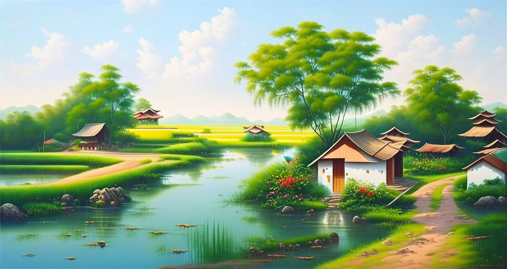 Traditional village landscape with lush green fields, serene river, and vibrant flora