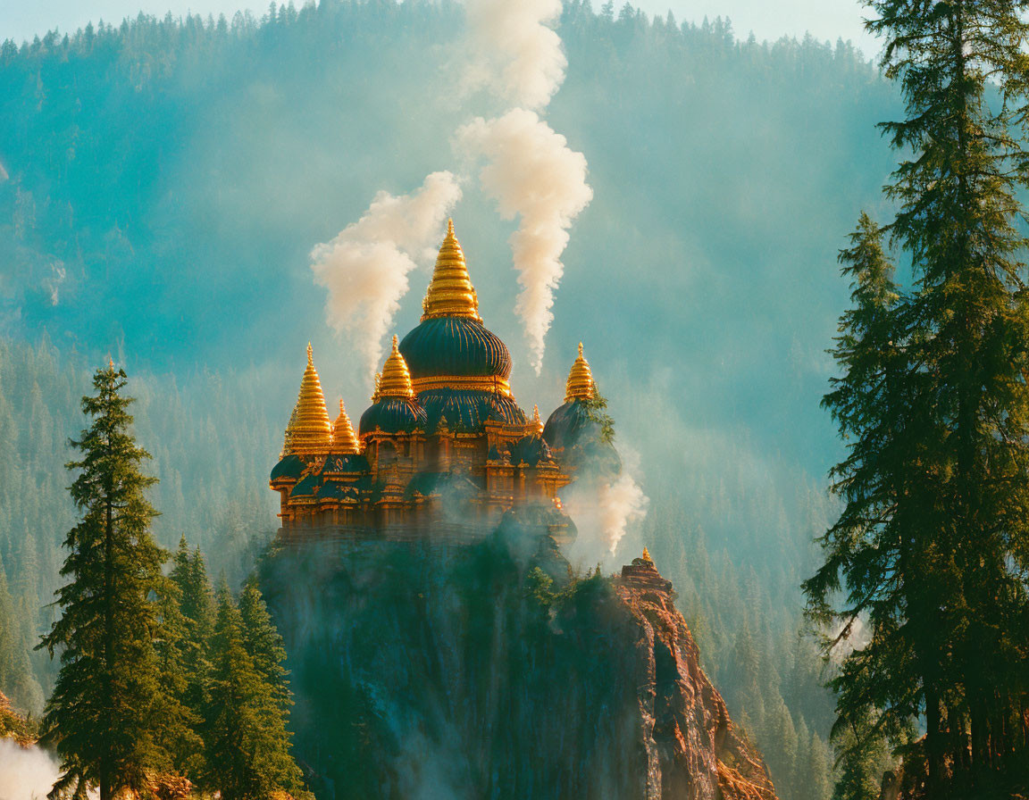 Cliff-top temple with golden dome in misty forest setting