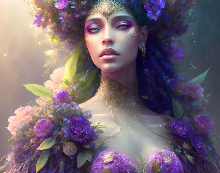 Digital Art: Woman with Vibrant Floral Headdress and Mystical Aura