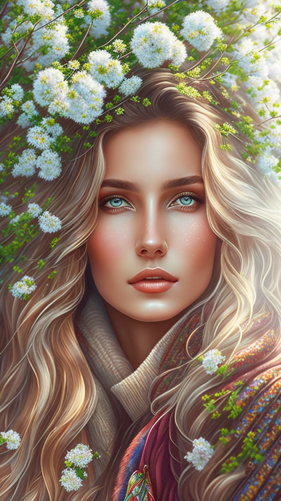 Digital portrait of woman with long wavy hair, blue eyes, white flower crown, in greenery