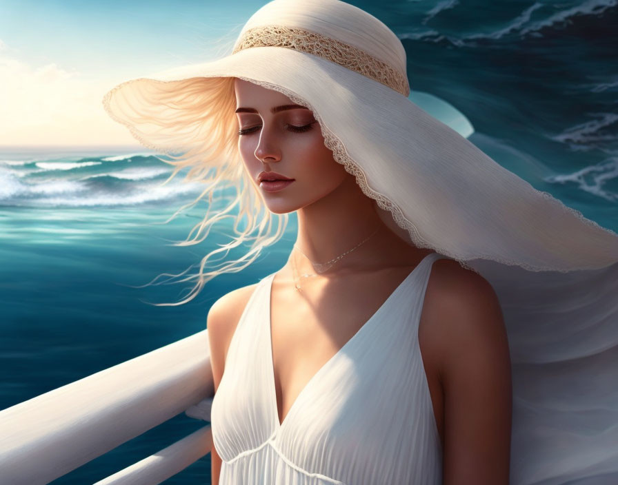 Blonde woman in white dress and hat by the ocean