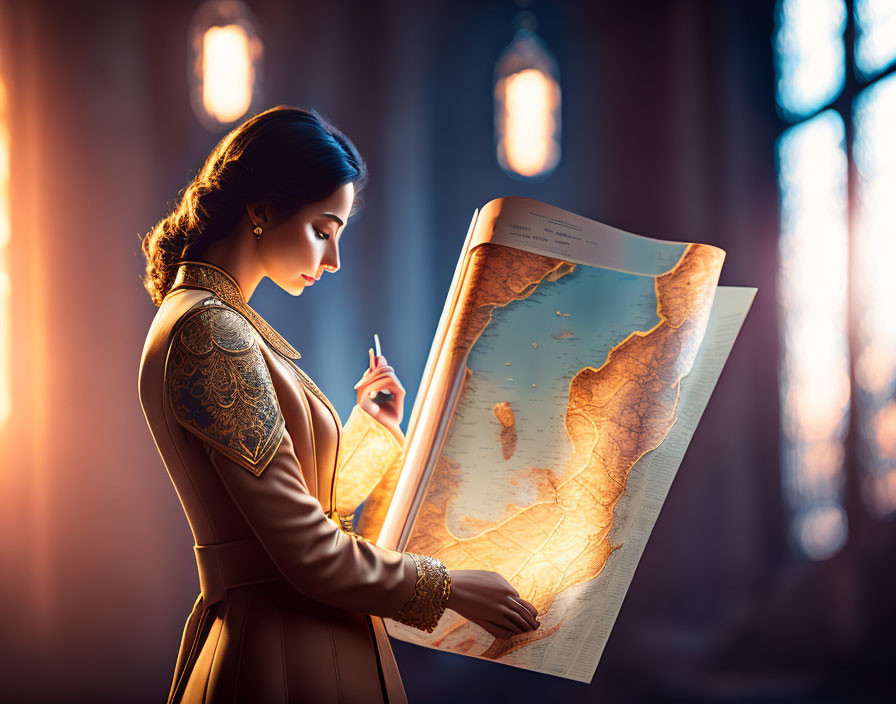 Woman in ornate outfit studies ancient map with quill in dimly lit room