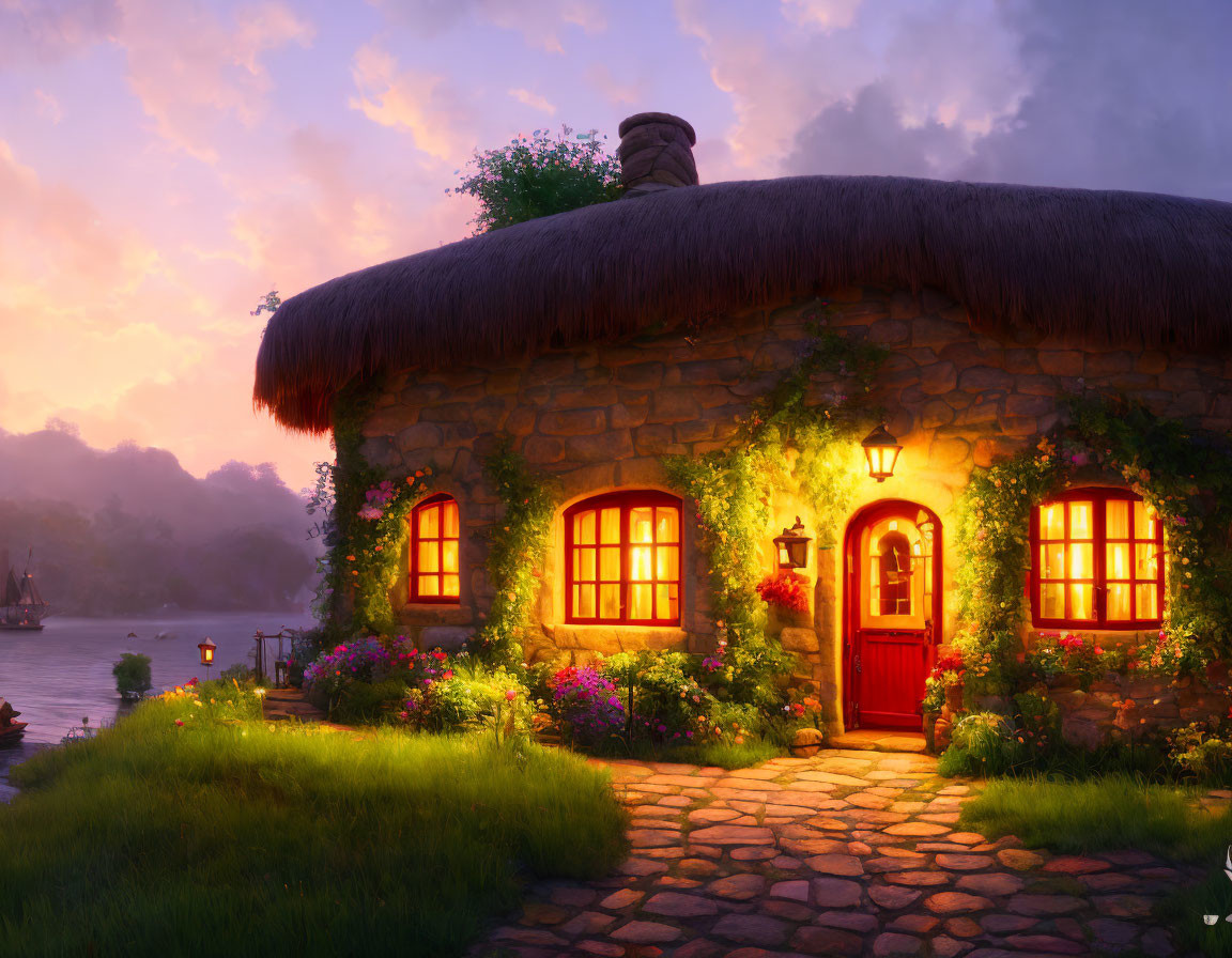 Stone Cottage with Thatched Roof, Ivy, Red Door, and Glowing Windows at Sunset