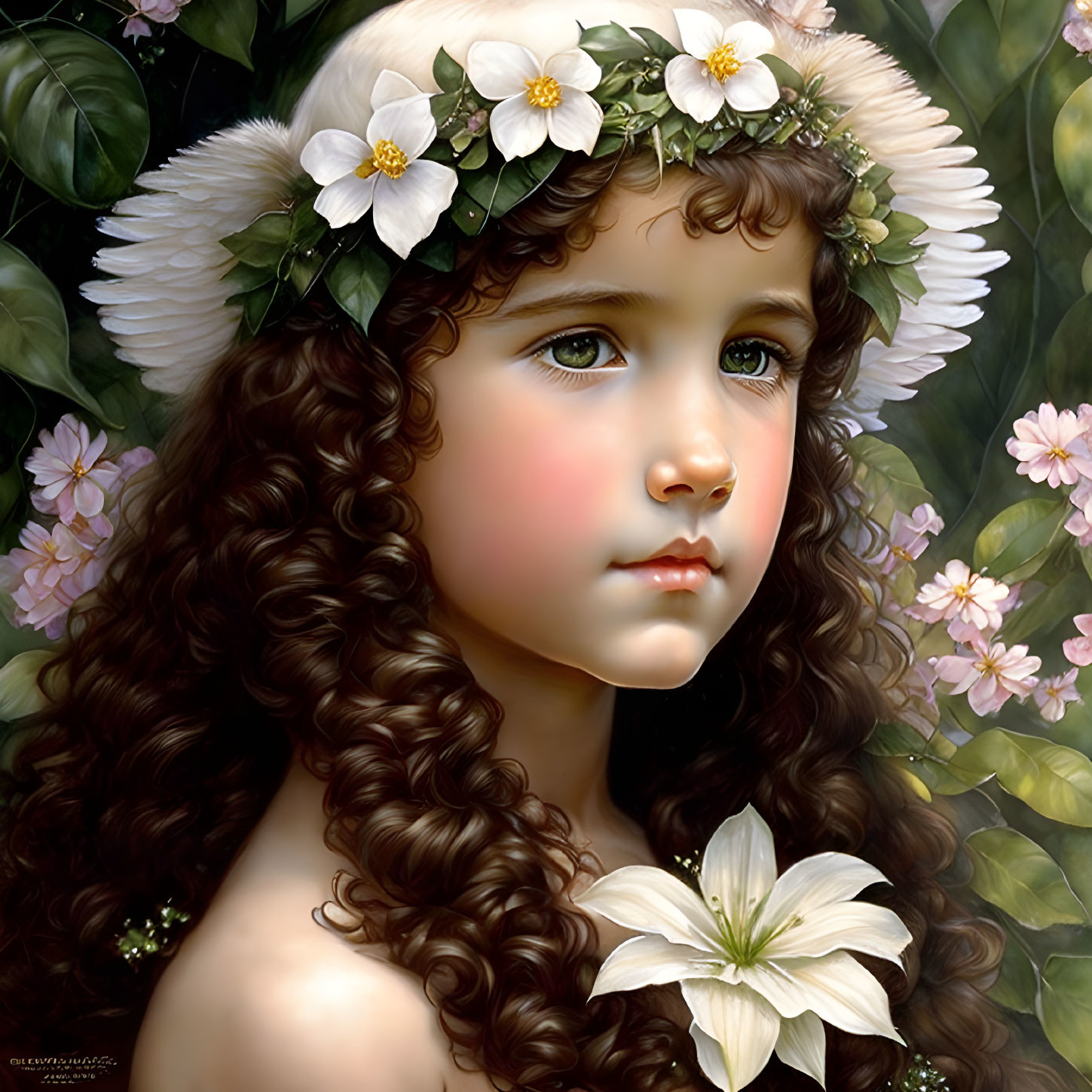 Young girl with curly brown hair in white floral wreath among blooming flowers