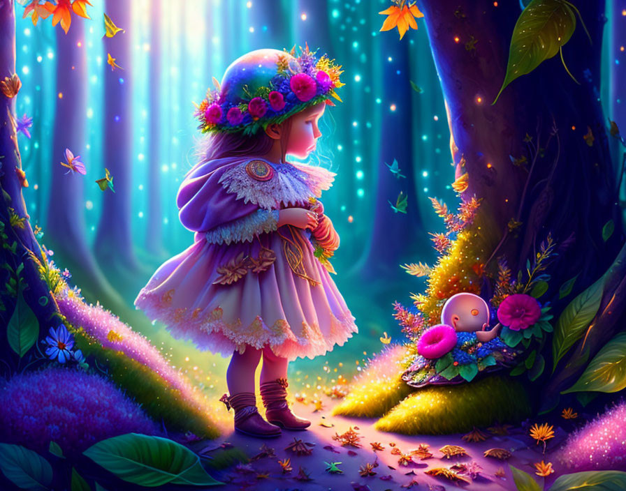 Young girl in flower hat & purple cloak in enchanted forest with glowing flowers & sleeping bird