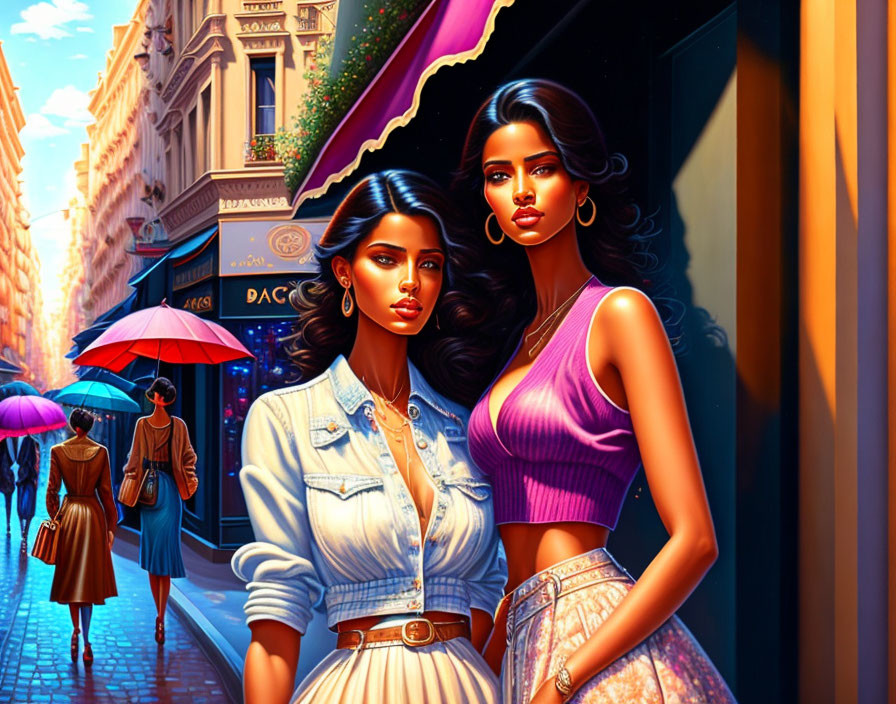 Fashionable women on vibrant city street with colorful buildings.