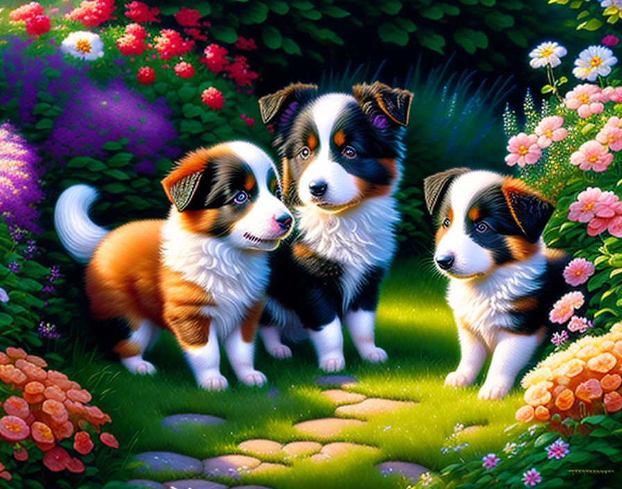 Colorful garden scene with playful puppies and blooming flowers