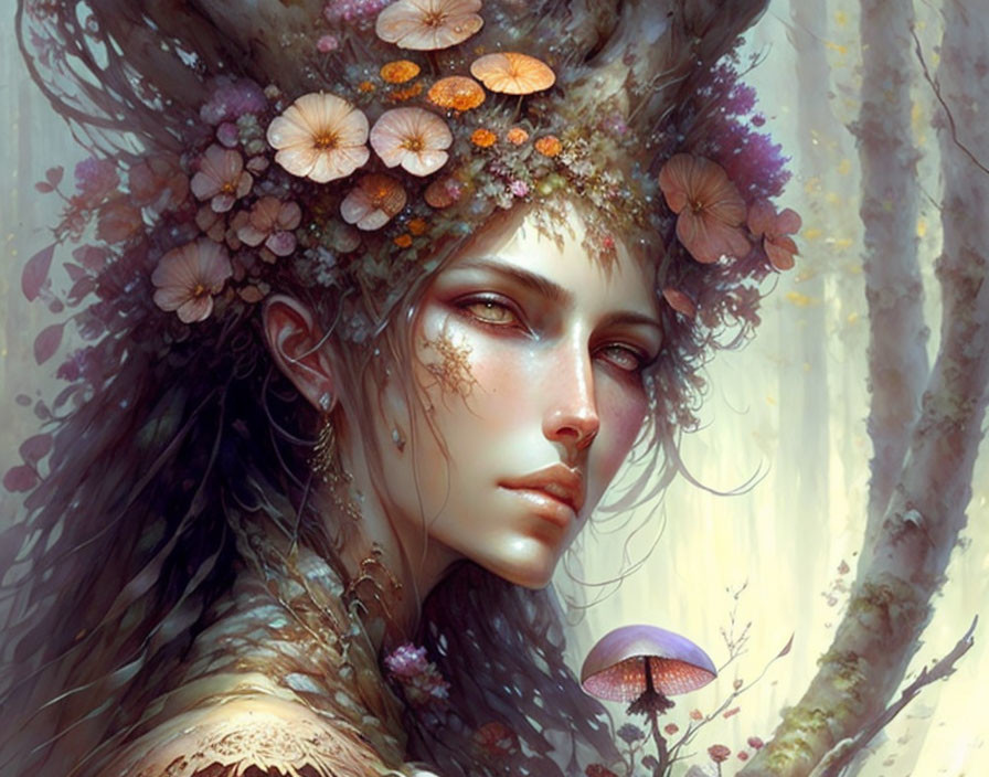 Artwork of woman with flower and mushroom crown blending into tree in mystical forest.