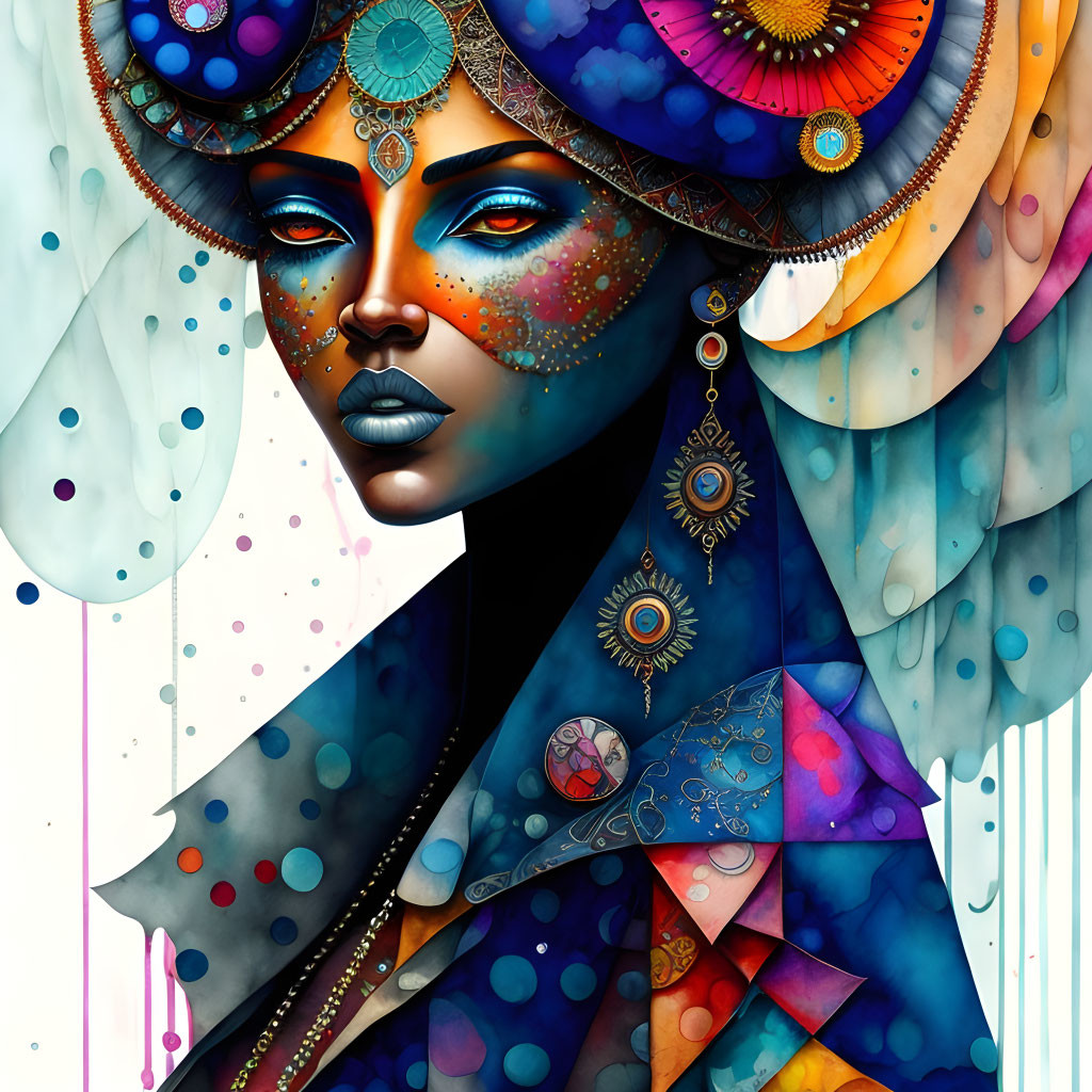 Vibrant woman illustration with colorful makeup and jewelry