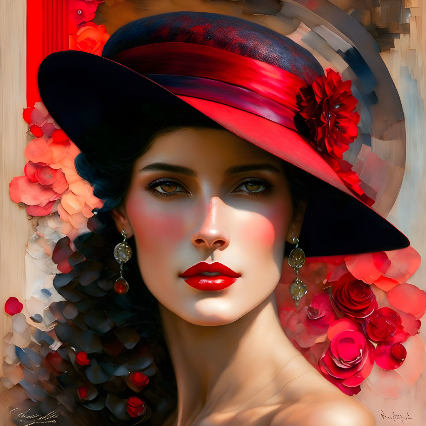 Woman with Green Eyes in Floral Hat and Earrings Among Red and White Blooms