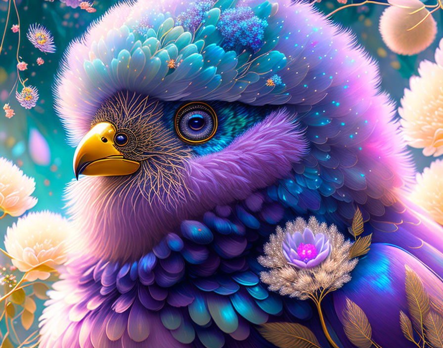 Colorful mythical bird digital artwork with blue and purple plumage and floral elements.