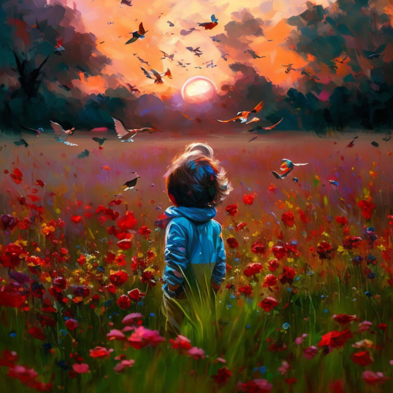 Child in vibrant poppy field at sunset watching birds in dreamy sky