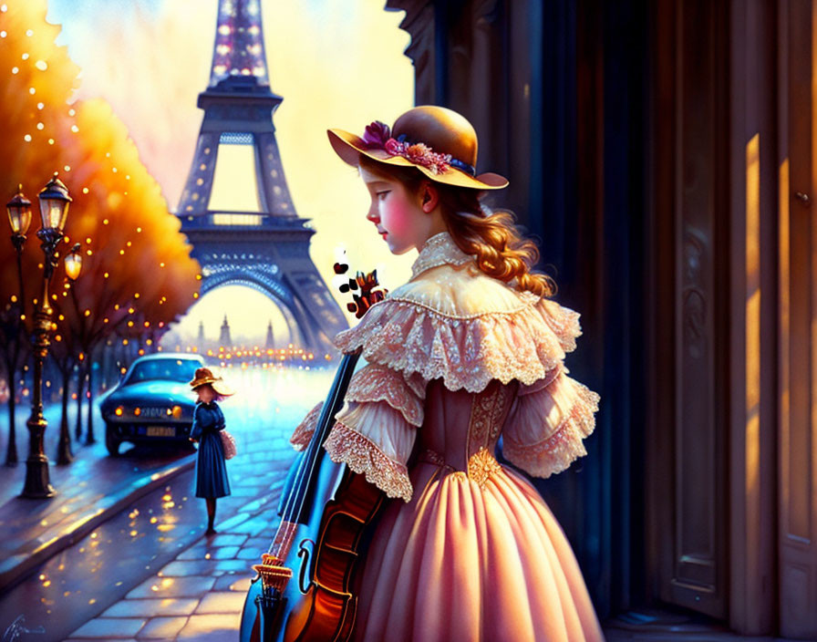 Young girl in vintage dress with cello in Paris at dusk