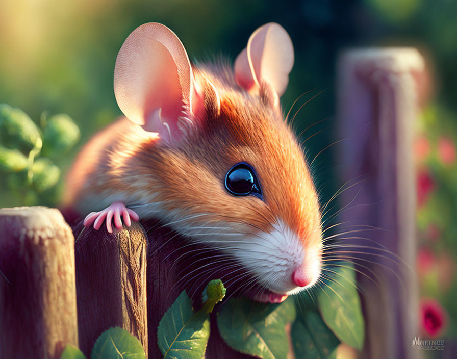 Illustrated mouse with large ears on sunlit garden fence