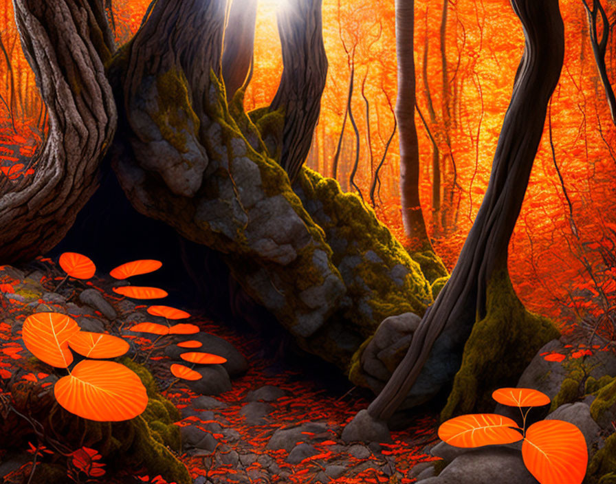 Mystical forest scene with orange glow and vibrant leaves