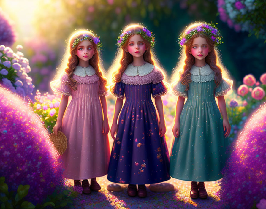 Three girls with floral crowns in magical garden twilight scene