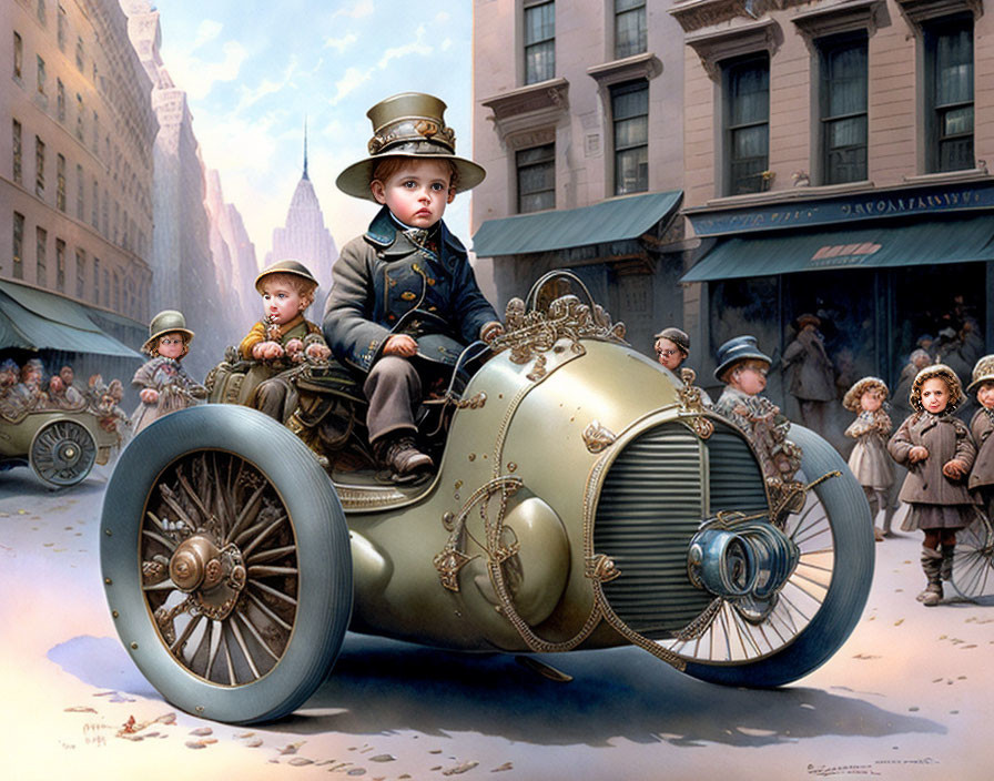 Children in vintage attire ride fantasy steampunk pedal cars on old-fashioned city street