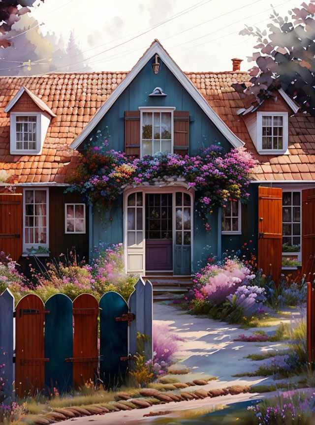 Teal Facade Cottage with Red Tile Roof & Garden Scene