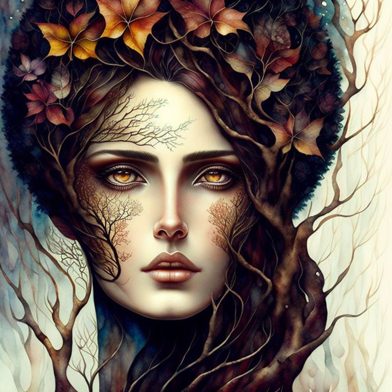 Woman with Tree Branches and Autumn Leaves Hair: Mystical Nature Art Representation