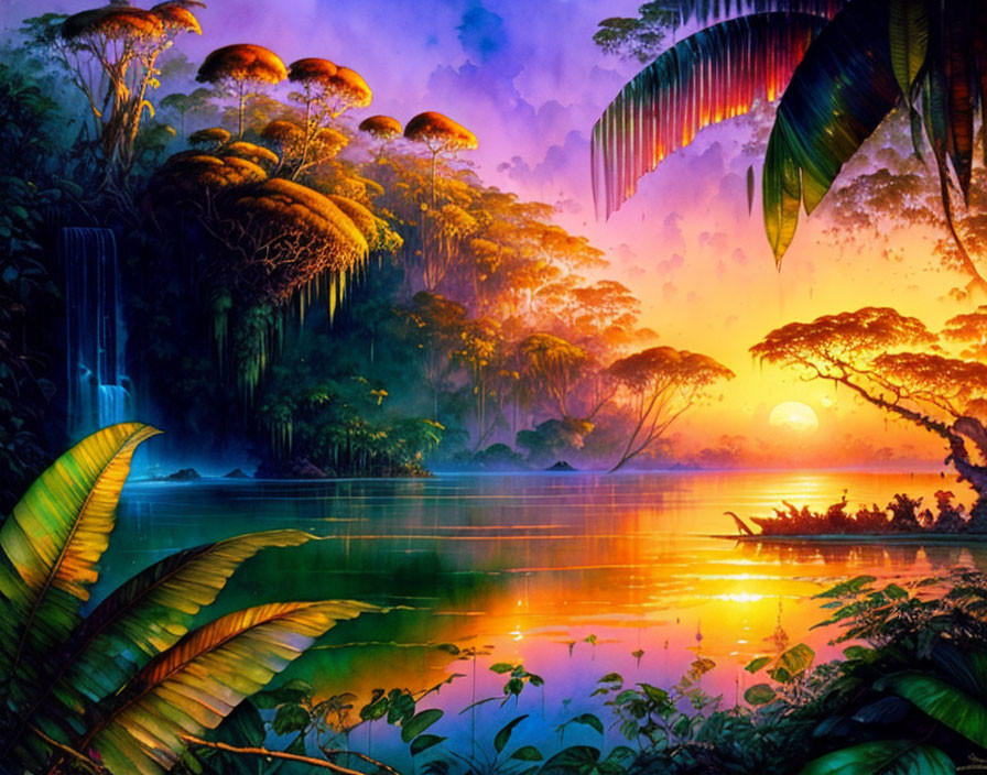 Tropical jungle illustration with waterfall, colorful sky, lush vegetation, small boat