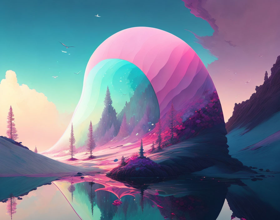 Vibrant pink and blue surreal landscape with frozen colossal wave over serene lake