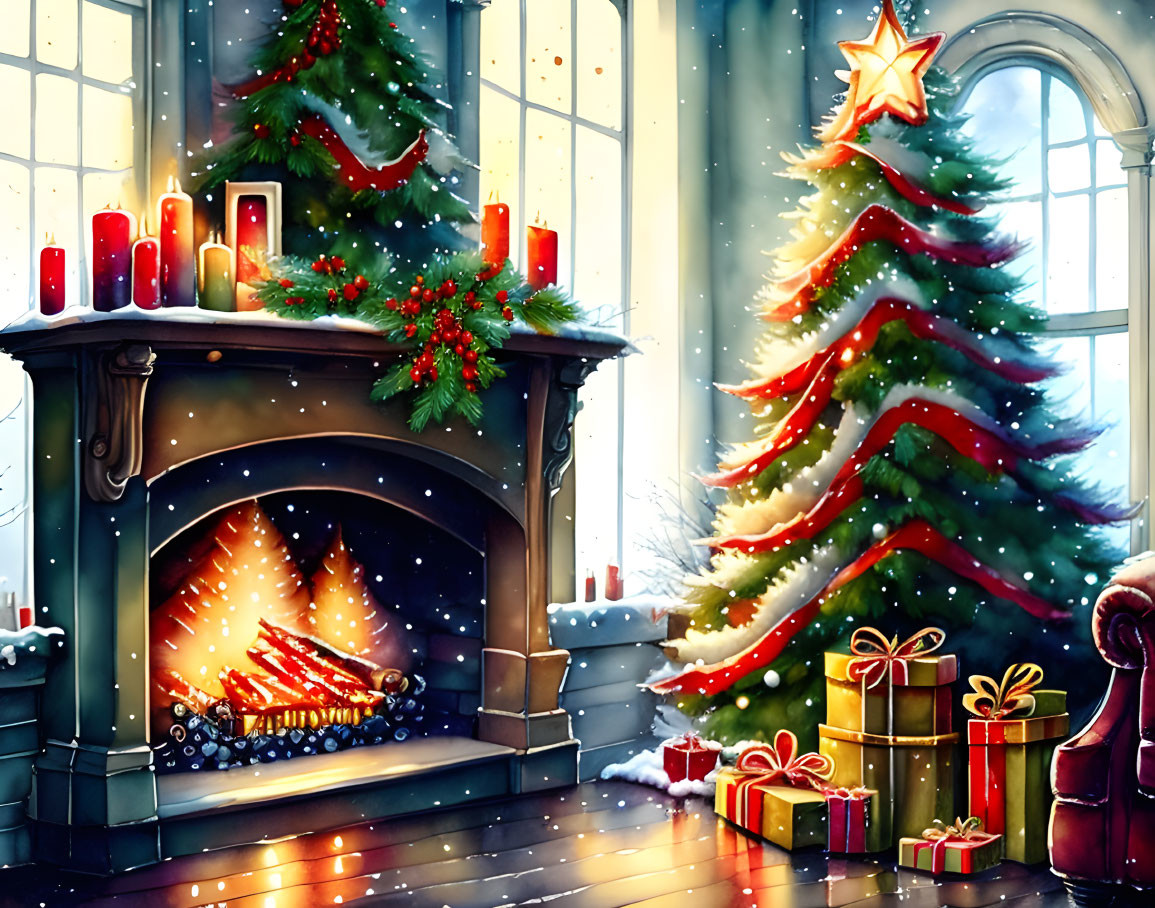 Festive Christmas scene with tree, gifts, fireplace, and snowy window