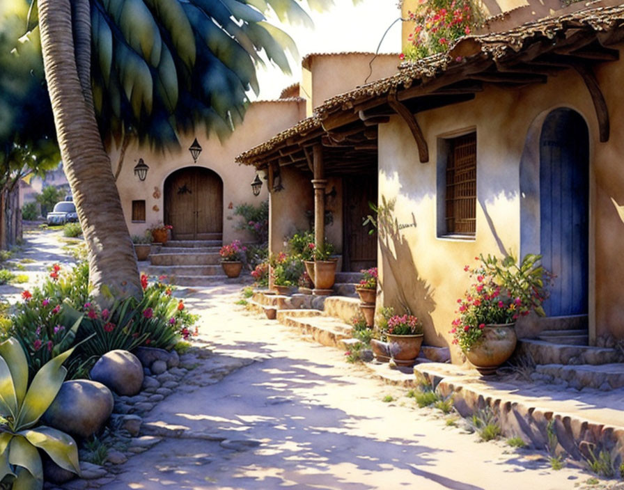 Tranquil village scene with cobblestone pathways and terracotta roofs