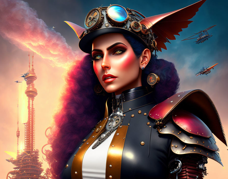 Steampunk woman with mechanical hat and airships in digital illustration