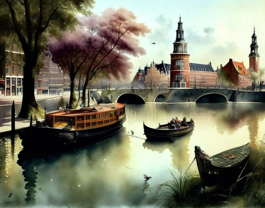 Boats on calm river with bridge, traditional buildings, colorful trees, clear sky reflected.