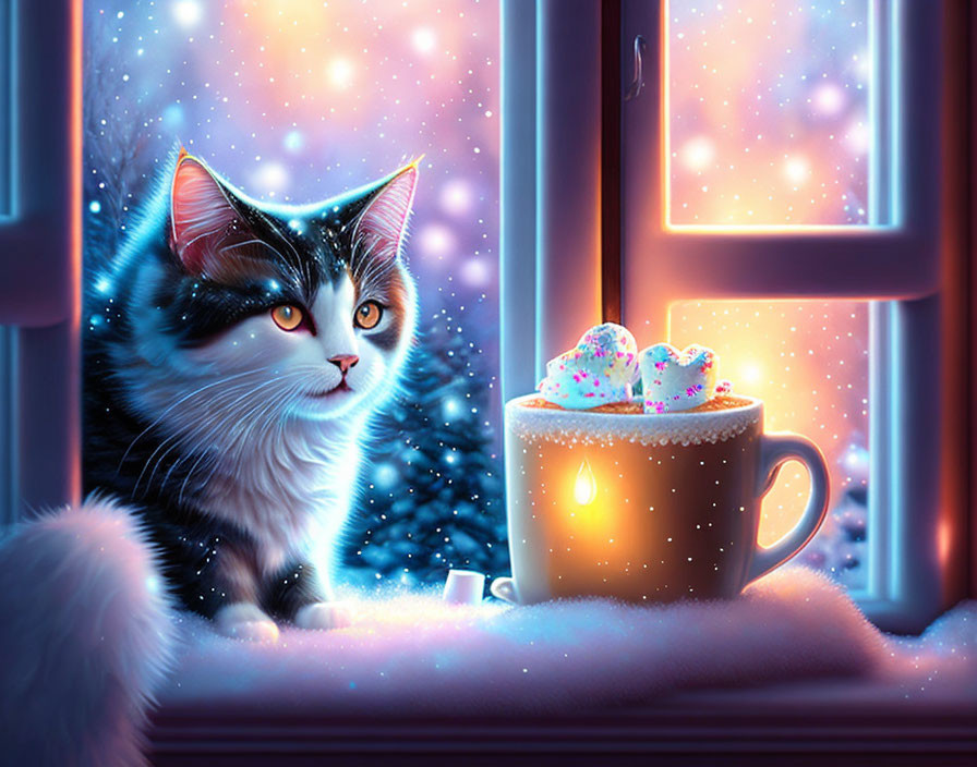 Black and white fluffy cat by frosty window with steaming mug and starry backdrop