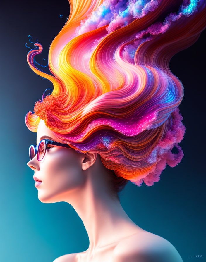 Vibrant digital artwork: person with fiery nebula hair and stylish sunglasses