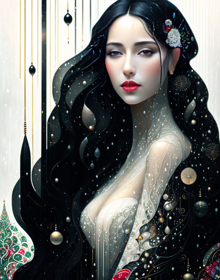 Stylized portrait of woman with black hair in festive setting