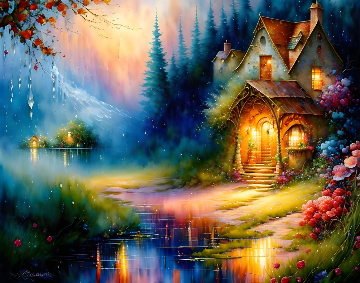 Colorful painting of a serene lakeside house at twilight