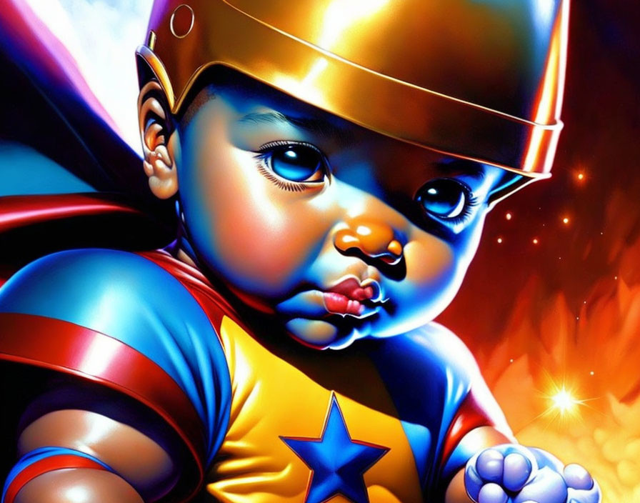 Superhero baby with shiny helmet and cape in fiery backdrop