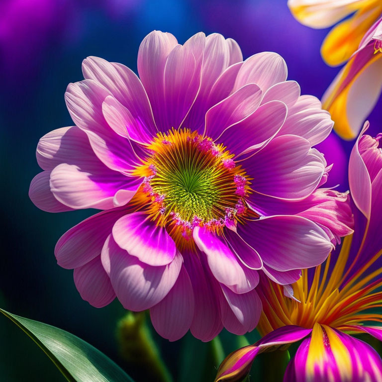 Colorful Purple and Pink Flower with Yellow-Green Center in Soft Sunlight