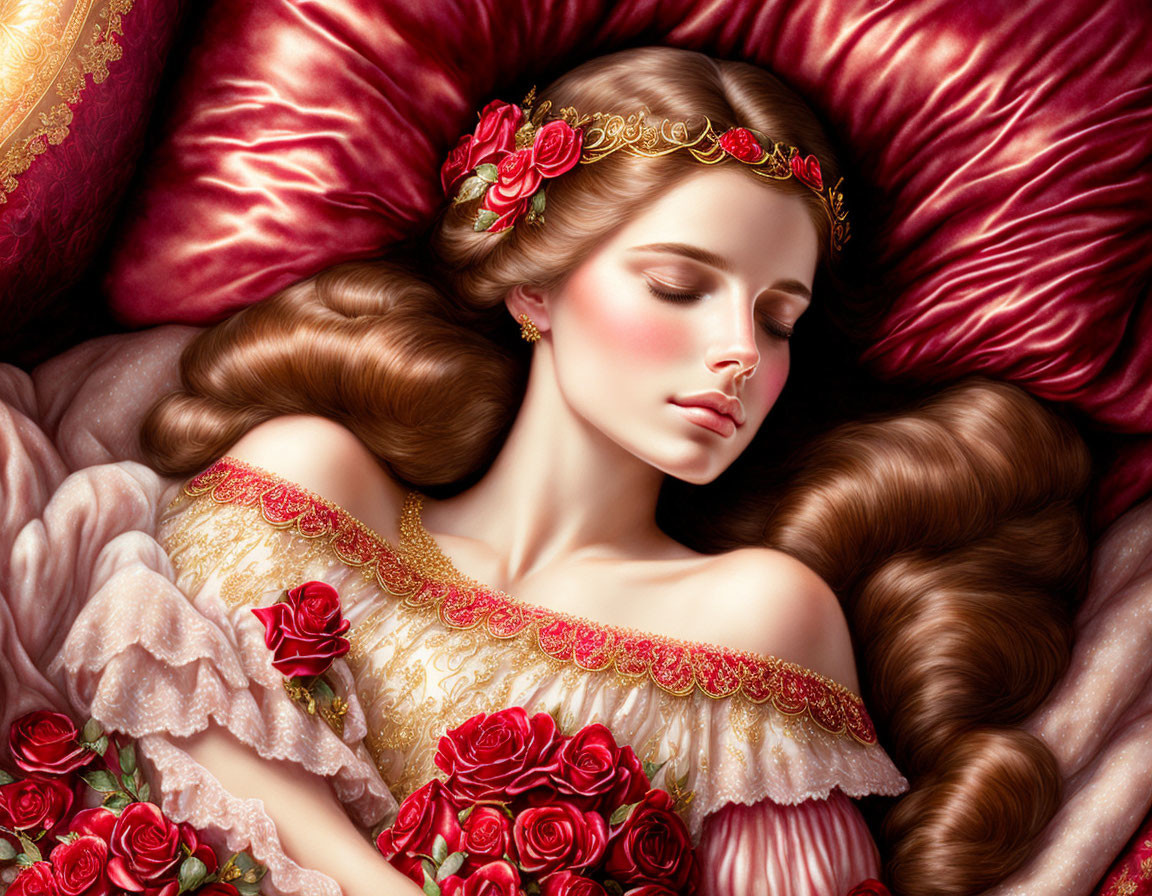 Woman with Long Brown Hair Sleeping on Red Cushion with Roses in Fairytale Scene