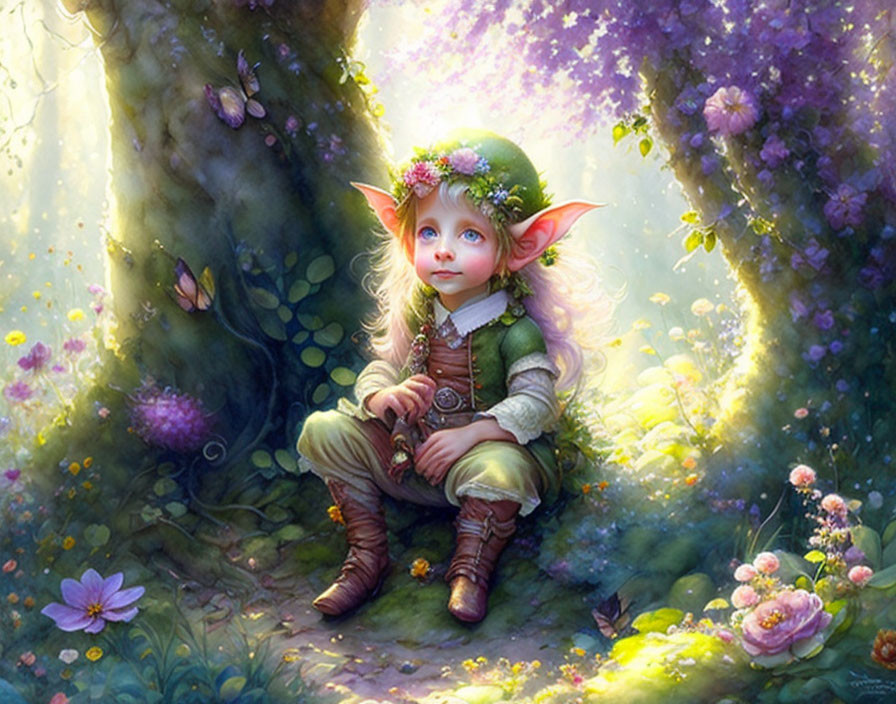 Elf child with flower crown in magical forest setting