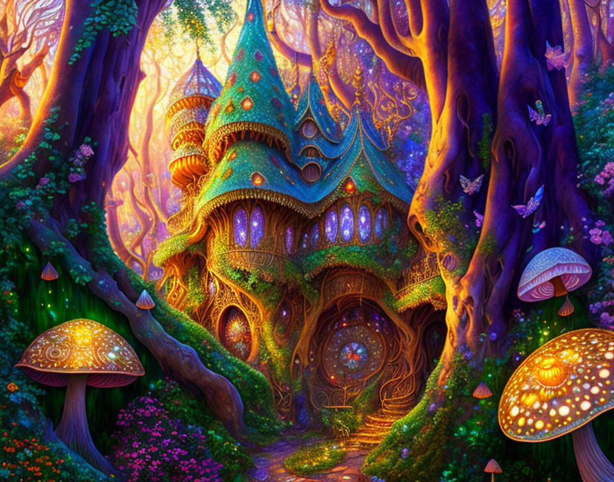 Colorful Fairy-Tale Treehouse with Glowing Windows in Enchanted Forest