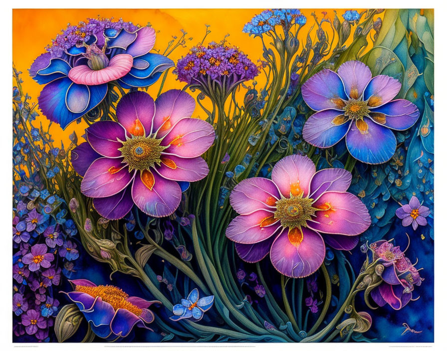 Colorful painting of purple and blue flowers and butterflies on warm background