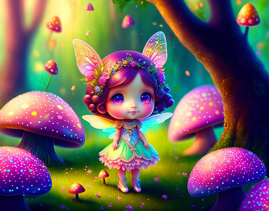 Cute Fairy with Iridescent Wings in Enchanted Forest