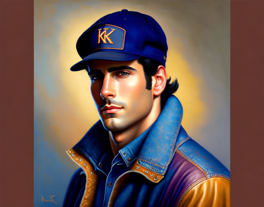 Striking man in blue and brown jacket with "KK" cap