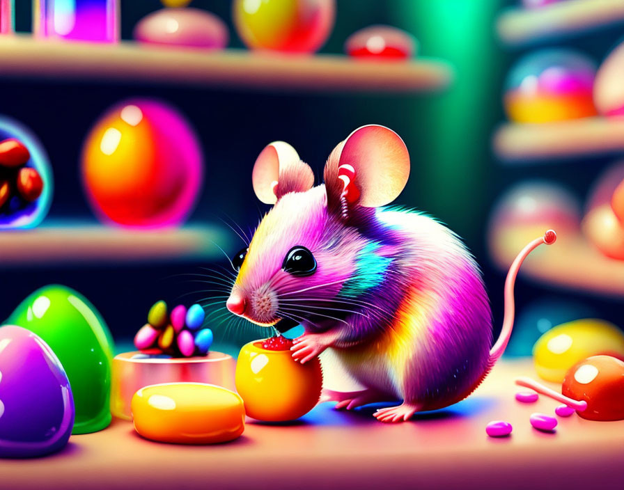 Colorful Cartoon Mouse Surrounded by Candy Jars and Sweets