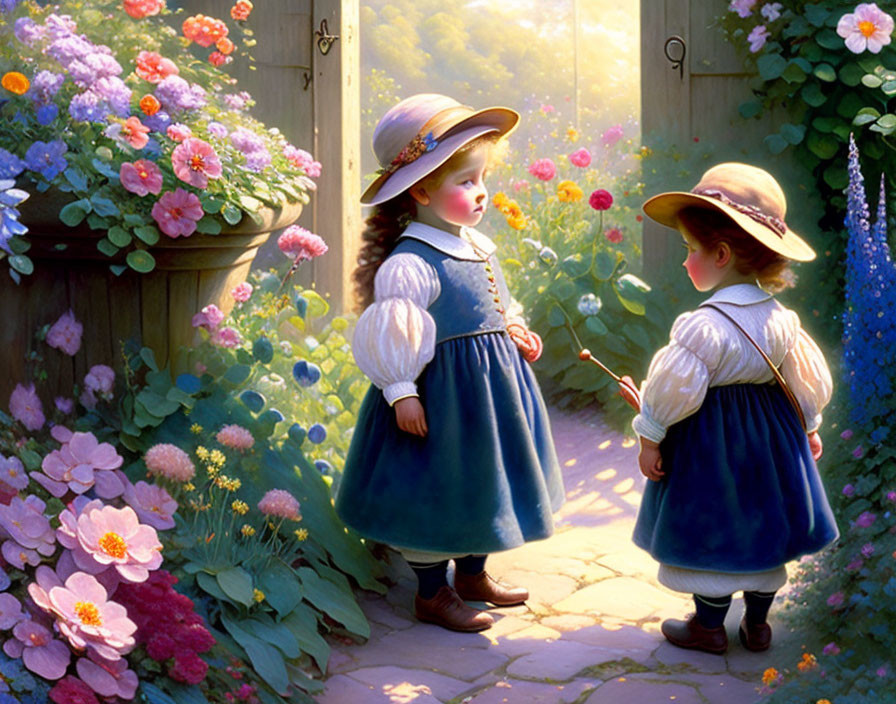 Vintage-clad children at garden gate with vibrant flowers in sunlight